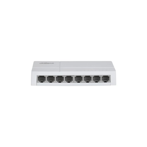 Switch DH-SF1008L de Escritorio con 8 puertos Fast Ethernet (10/100 Mbps), diseño compacto de capa 2, con capacidad de switching de 1.6 Gbps y velocidad de reenvío de paquetes de 1.19 Mpps.
