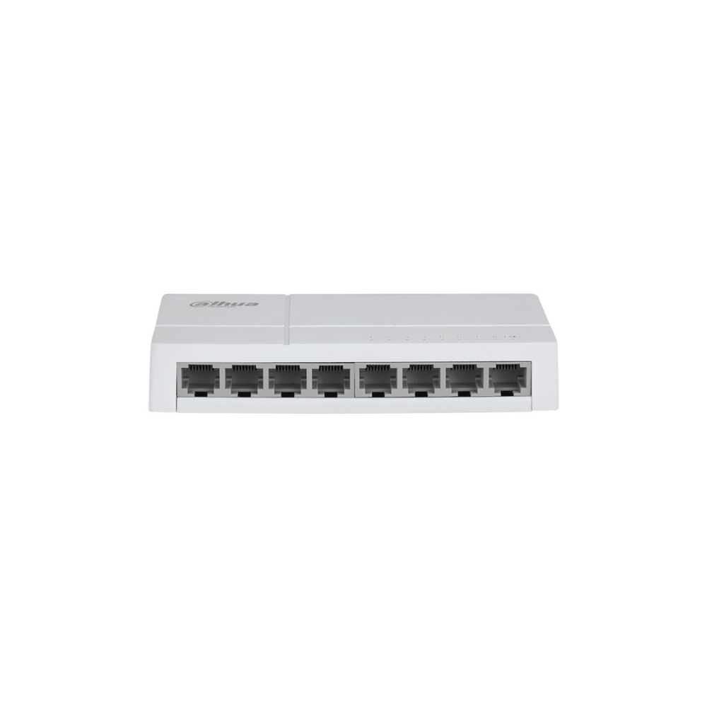 DH-SF1008L (1) Switch DH-SF1008L de Escritorio con 8 puertos Fast Ethernet (10/100 Mbps), diseño compacto de capa 2, con capacidad de switching de 1.6 Gbps y velocidad de reenvío de paquetes de 1.19 Mpps.