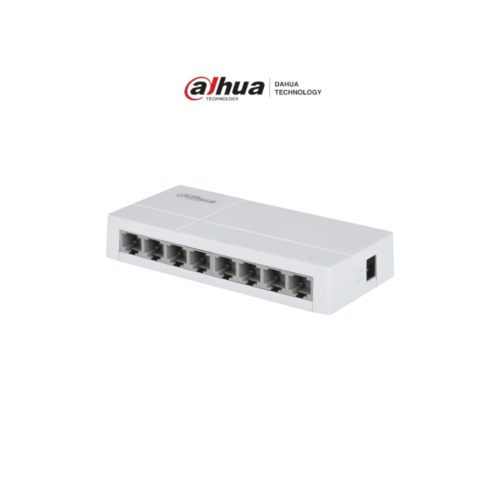 Switch DH-SF1008L de Escritorio con 8 puertos Fast Ethernet (10/100 Mbps), diseño compacto de capa 2, con capacidad de switching de 1.6 Gbps y velocidad de reenvío de paquetes de 1.19 Mpps.