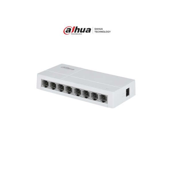 Switch DH-SF1008L de Escritorio con 8 puertos Fast Ethernet (10/100 Mbps), diseño compacto de capa 2, con capacidad de switching de 1.6 Gbps y velocidad de reenvío de paquetes de 1.19 Mpps.