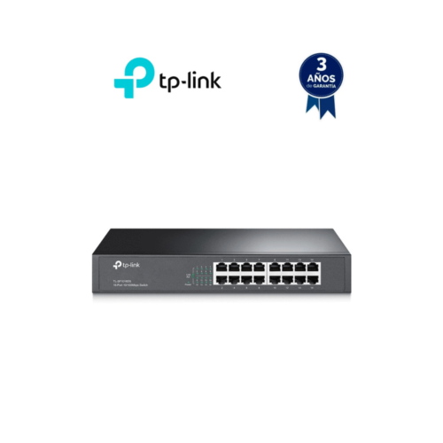 TP-LINK TL-SF1016DS - Switch no administrable con 16 puertos Fast Ethernet, diseñado para montaje en rack o en escritorio.